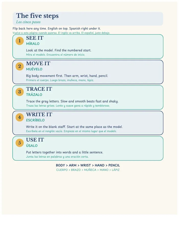 A page from the English-first kids workbook: the five steps