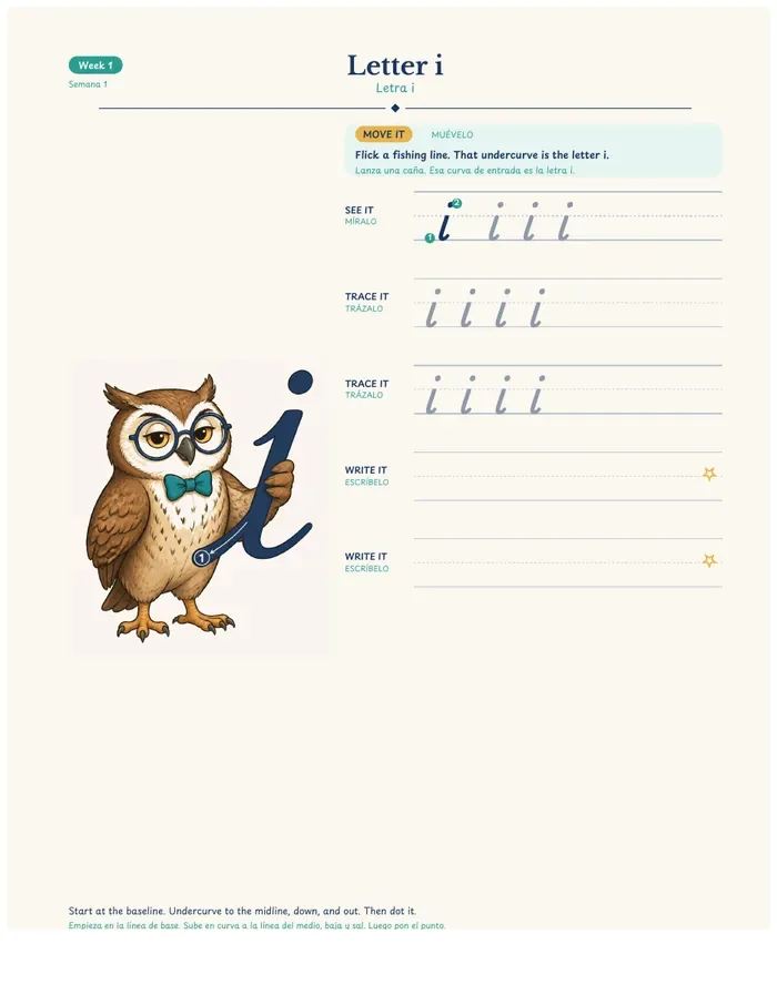 A real workbook page: letter i, with Quill