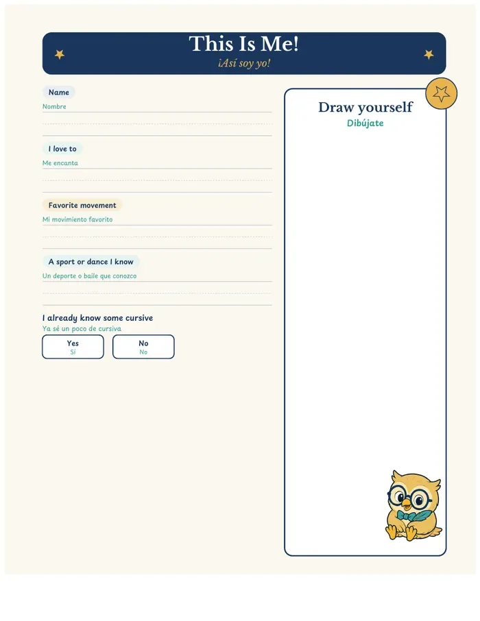 A page from the kids workbook: This Is Me!