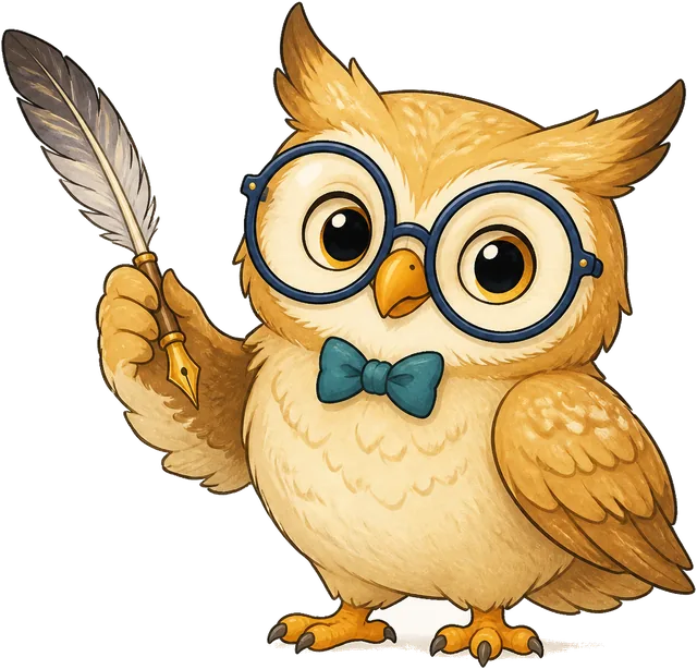 Quill the owl holding a feather quill