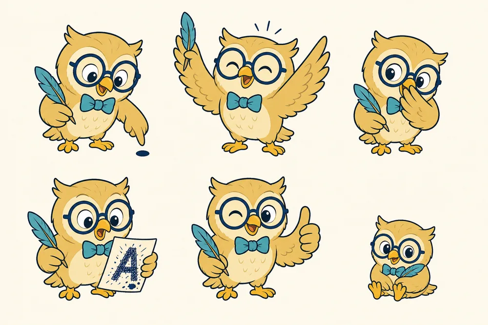 Six poses of Quill the owl